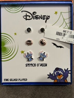 Disney Stitch O'Ween Stud Earring Set - Blue, Rose Gold & Black